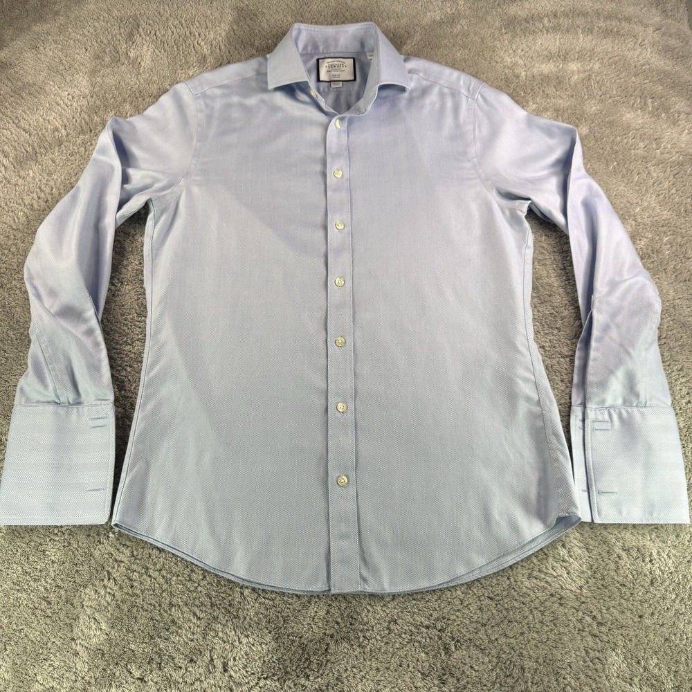 Charles Tyrwhitt Mens 15.5 34 Slim Fit Blue Herringbone Dress Shirt Non Iron
